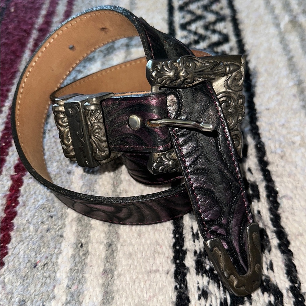 Leatherock Wine Abstract Floral Iridescent Genuine Leather Textured Belt M/L